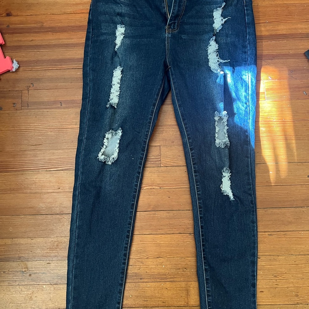 Forever 21 Dark Blue Skinny Jeans with Distressing
